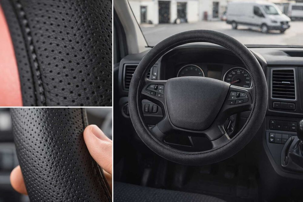 Калъф за волан 42 см – черна перфорирана еко кожа за бусове и камиони