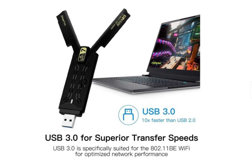 Adaptor USB WiFi 7 BE6500 Tri-Band 6G/5G/2.4G WPA3 streaming 8K latență scăzută, NOU