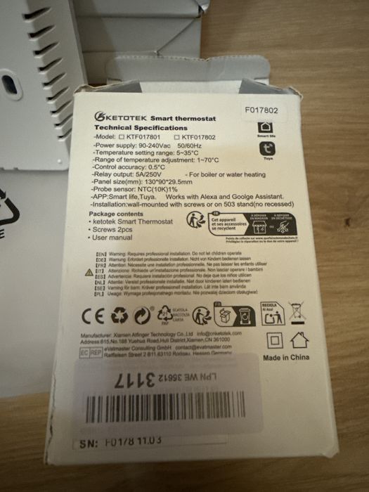 Ketotek KTF017802 termostat smart WiFi wireless pentru centrală termica compatibil Tuya