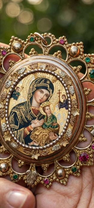 Pandantiv bizantin aur 14k cu pictura Maica domnului