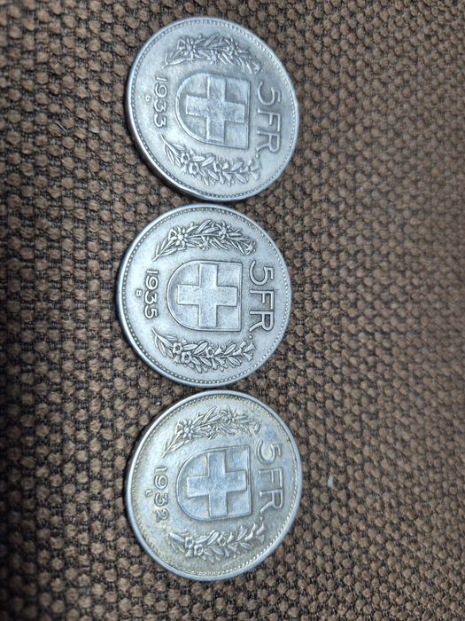 Lot 3  monede 5 Francs Elveția- Argint