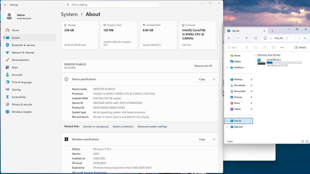 Mini PC Intel NUC 8 (NUC8i3BEK) - Core i3 Gen 8, 8GB RAM, 256GB SSD