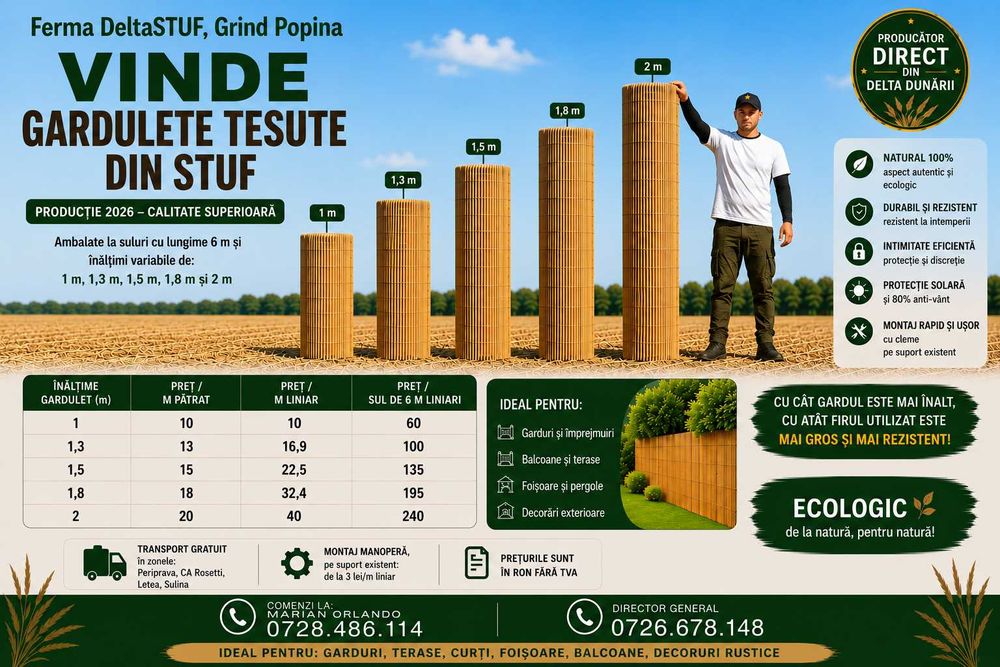 Vindem Rulouri gard stuf natural pentru gard, terasa, curte, balcon, umbrire | Role 6 metri | Si stuf pt acoperis | Producator direct Delta Dunarii