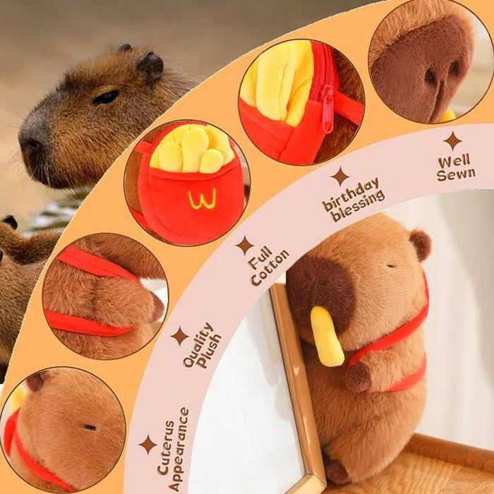 Плюшена играчка Капибара с раничка Mc Donalds и пържени картофки 30 см