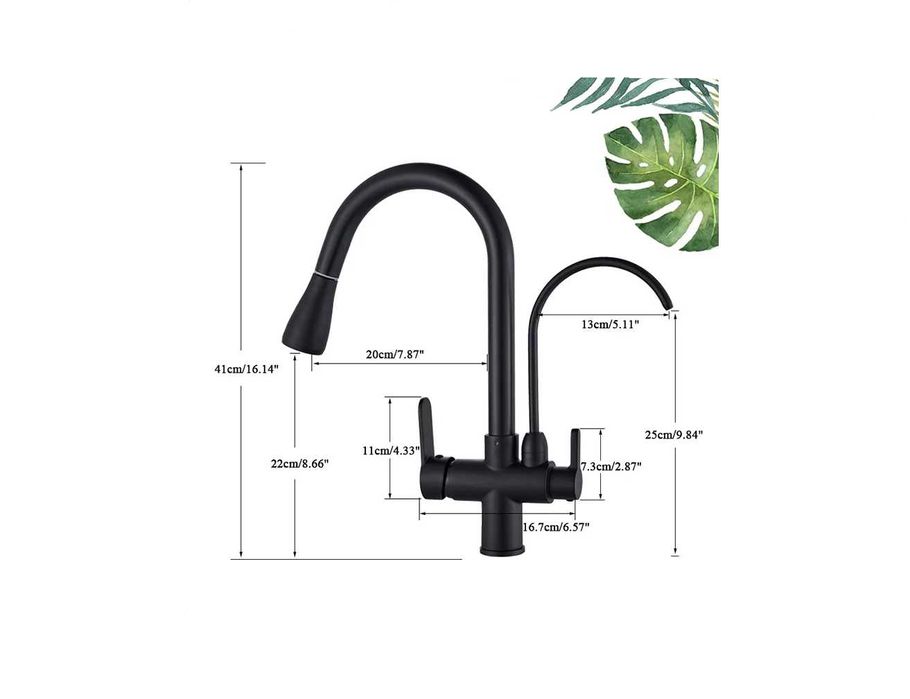 Baterie de bucătărie negru mat cu 3 căi, 2 funcții de furnizare a apei plus duș extractabil S-018