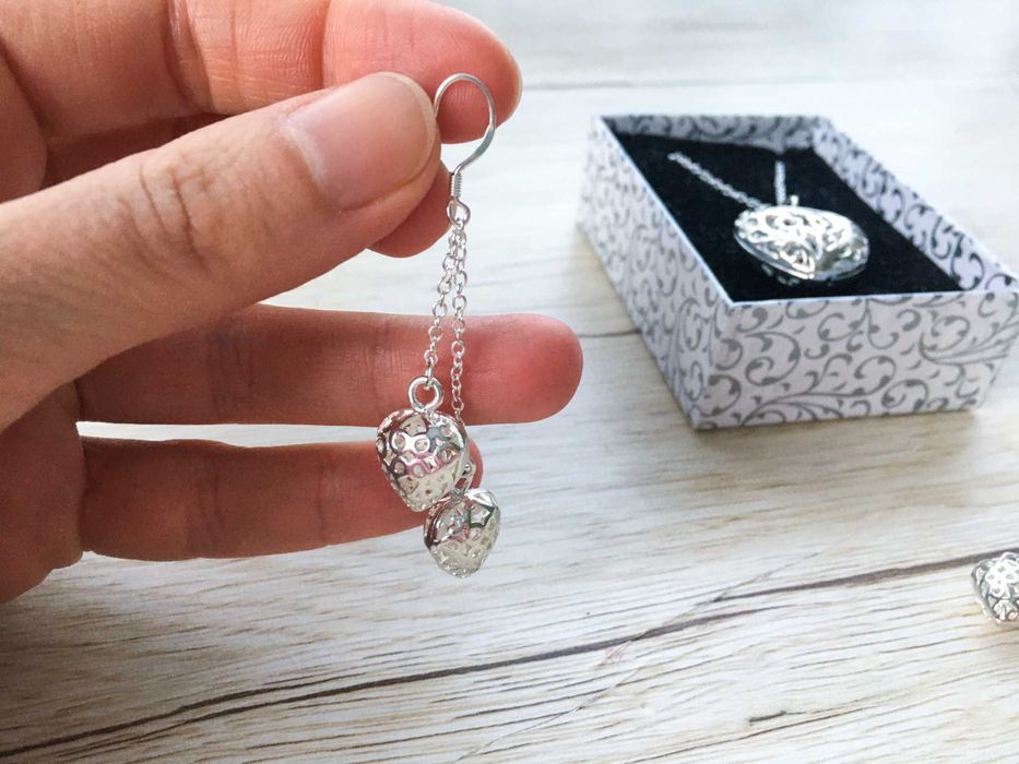 Сребърен комплект колие с обеци сърца, проба 925