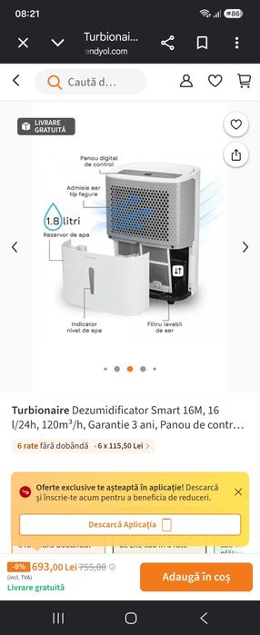 Dezumidificator 16 l turbionaire