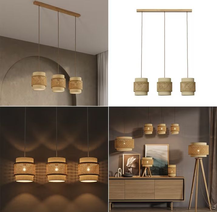 Висящи 3бр лампи от ратан и текстил 7563