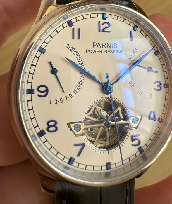 Parnis Portuguese 43 mm Automatic Power Reserve Flywheel Alb