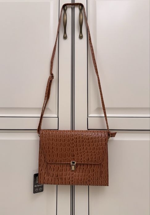 Geanta de umar/ crossbody Beiyani - piele ecologica croco, maro/cognac