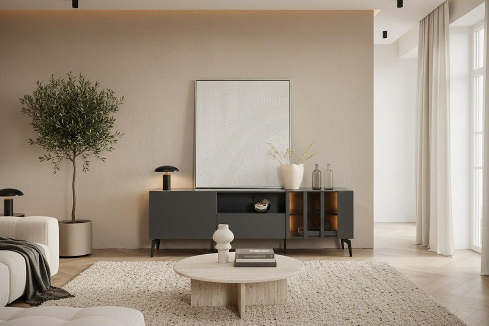 NOU Comoda tv gri-lemn, 166cm