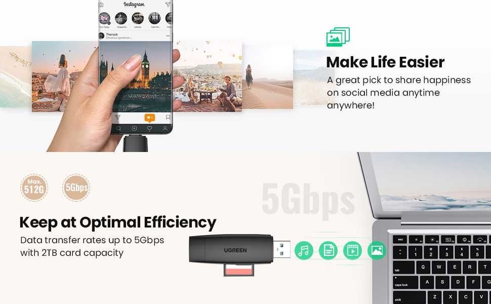 UGREEN USB 3.0 и USB-C Card Reader-четец на карти памет 2 в 1