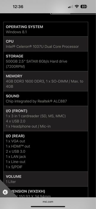 Mini PC MSI   MS-B062