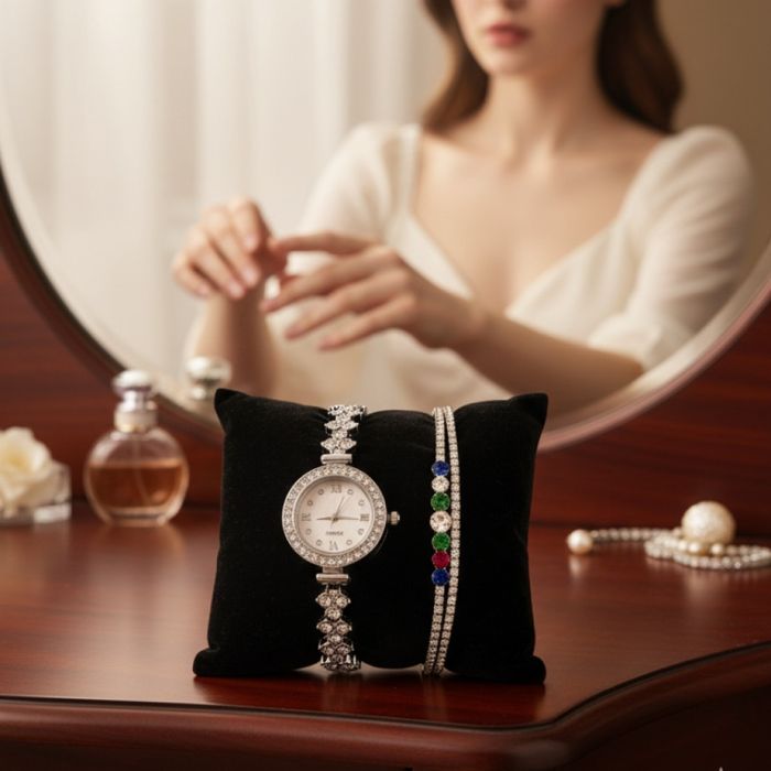 Дамски комплект часовник с гривна – елегантен подарък в луксозна кутия