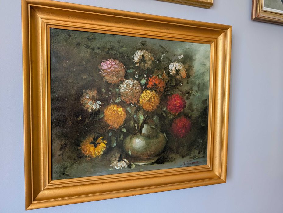 Pictura in ulei pe panza, natura statica cu flori, 63x73x5 cm