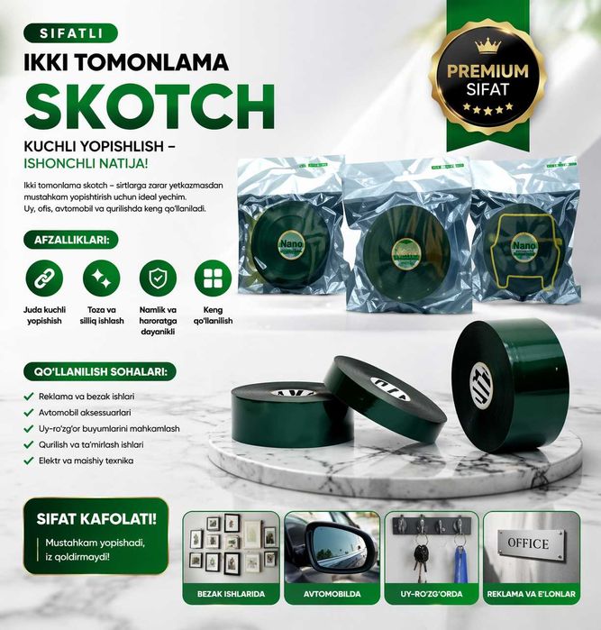 lenta ikki tomonlama SACA – turli o‘lchamlarda (10 mm–50 mm, 5 m)