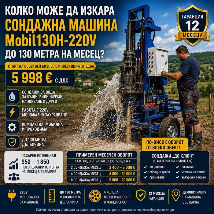 Нова сондажна машина Mobil130H-220V ДО 130 МETRA НА ЛИЗИНГ