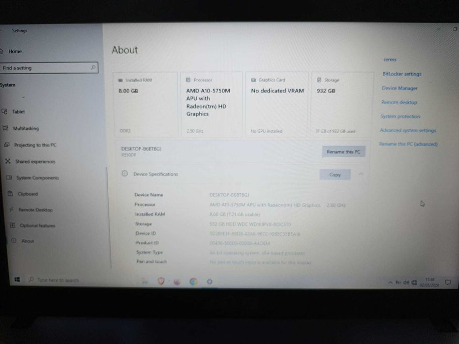 Laptop ASUS X550DP amd A10 ram 8GB hdd 1TB