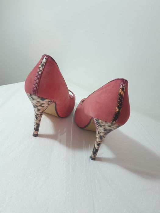Pantofi toc piele naturala roz corai toc animal print