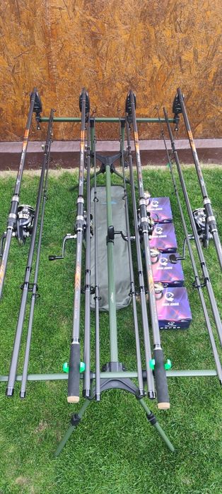 Set 4 Lansete 3,90m,4 Mulinete Tambur 12000,11 Rulmenți,Rod Pod Echipat+ 4 Role fir