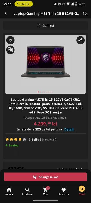 Laptop Gaming Msi thin 15 B12VE-2673XRO