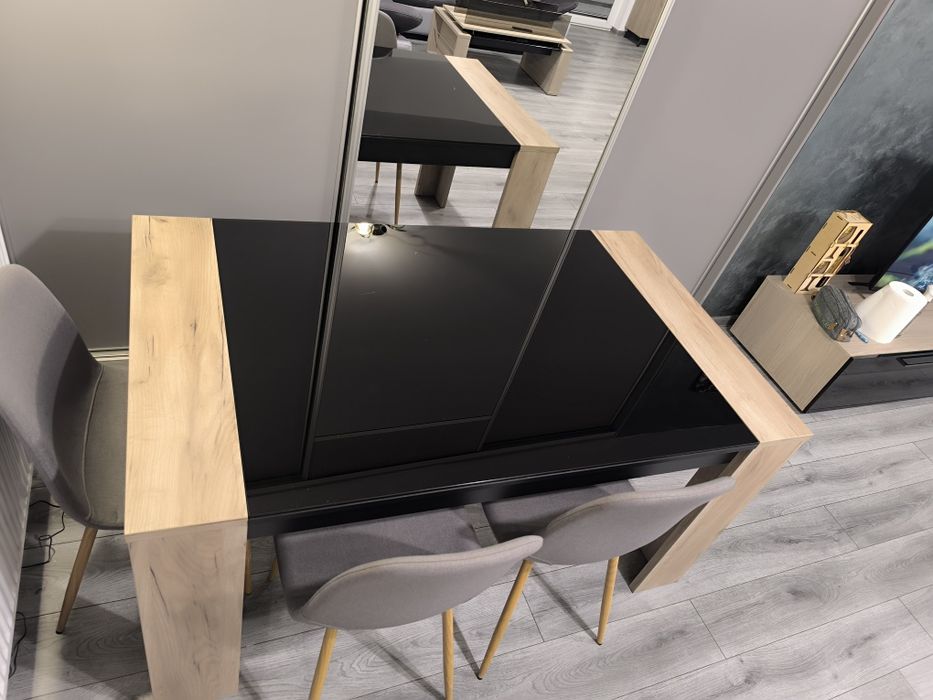 Set mobilier living – masă dining + măsuță cafea + 2 polițe perete, sticlă neagră