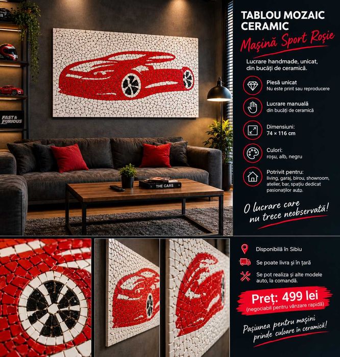 Masina  Sport Rosie - Mozaic Ceramic Handmade  | 74×116 CM | Unicat