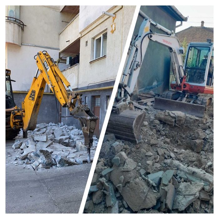 Buldoexcavator cu Picon. Demolari hale, case . Debarasare moloz moluz