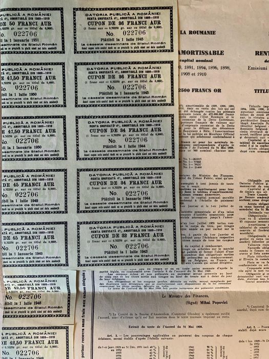 titlu stat 2500 franci aur 1929 Renta Romana  bond neincasat - cupoane