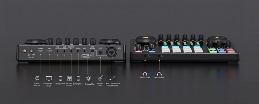 Maono AME2A — это звуковая карта + микшер + эффекты всё в одном.