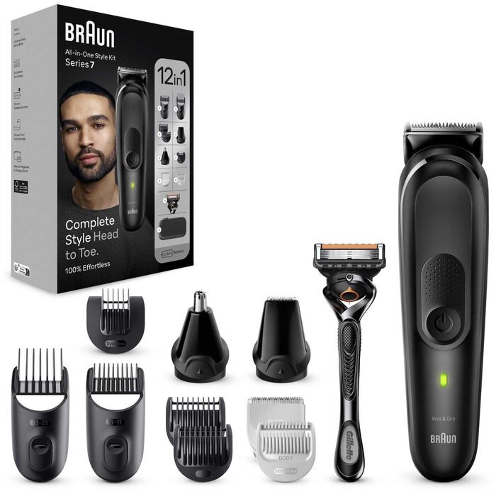 Aparat de tuns multifunctional Braun MGK7460, Wet&Dry, AutoSense, 12-in-1, 2 piepteni ficsi, 4 piepteni, 3 capete, 1 aparat de ras Gillette