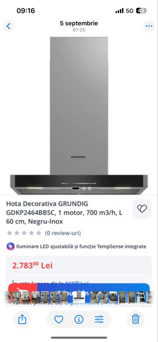 Hotă decorativă Grundig GDKP2464BBSC, 60 cm, negru-inox, 700 m³/h