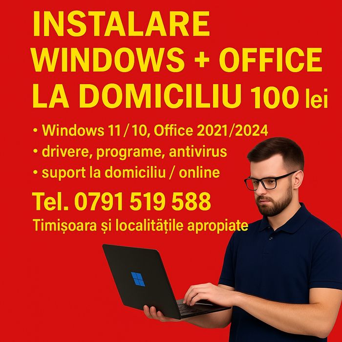 Instalare windows 11,10+office +drivere+programe+deplasarea la 100 lei
