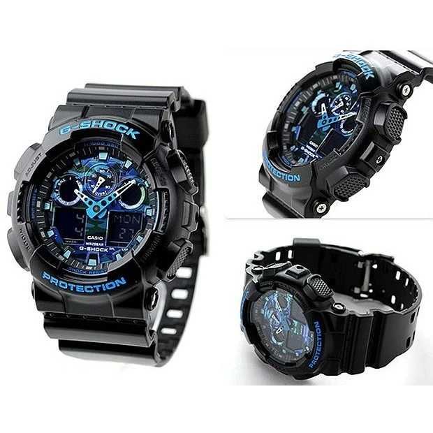 Ceas CASIO G-SHOCK GA-100 BLACK&BLUE-Negru Mat cu Albastru Nou 2025