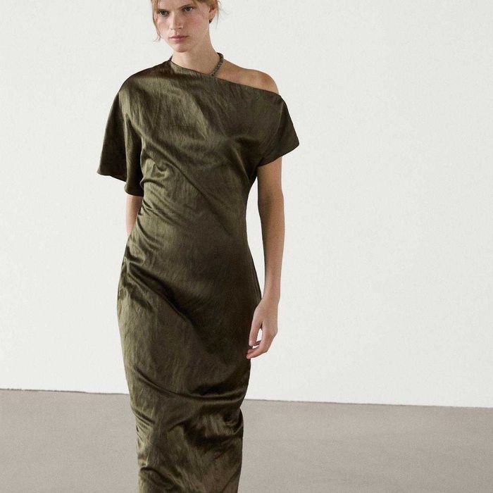 Massimo Dutti rochie midi asimetrica umar gol kaki verde superba