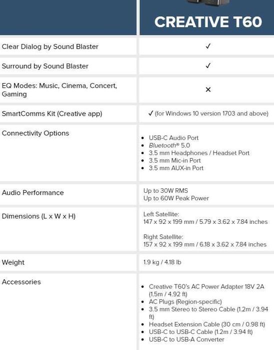 Creative T60, Тонколони 30W, Bluetooth/3.5мм жак/Разопаковани Продукти