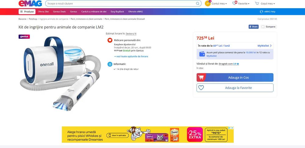 Oneisall kit ingrijire animale tuns+periat cu aspir,REDUS de la 725RON