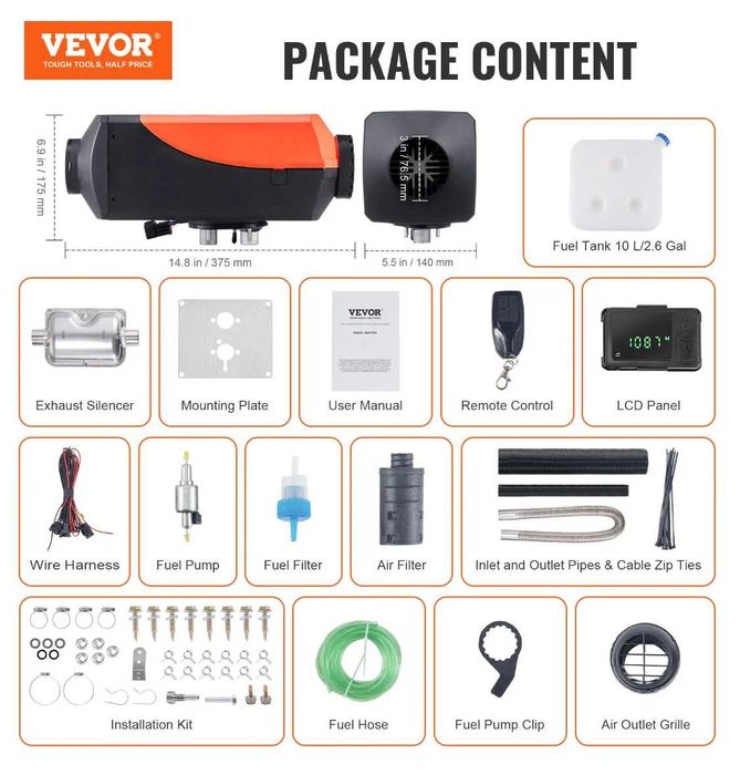 Дизелова суха печка VEVOR  8 kW - 12 V + Bluetooth + дистанционно