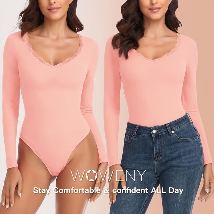 Body elegant cu mânecă lungă și dantelă pentru femei WOWENY, cu decolt