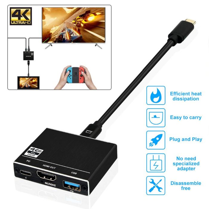 3in1 Convertor USB-C la HDMI 4K + USB 3.0 + USB tip C telefon laptop