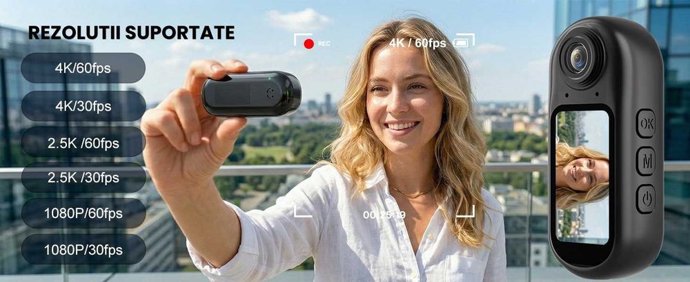 Camera Video Actiune Corporala, 5k (stabilizare EIS 6 axe, ecran LCD), 4K, 2,7k) conectare wi-fi accesorii prindere bicicleta