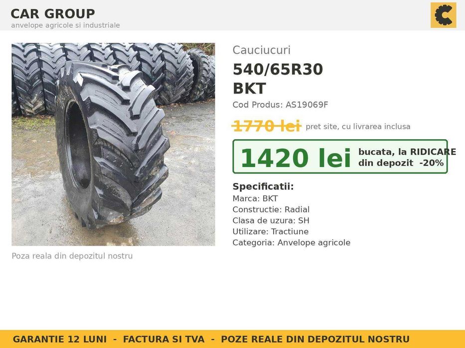ANVELOPE 540/65R30 BKT Cauciucuri Tractor Spate 4x4 New Holland Case Deutz Valtra SH GARANTIE 12 Luni Factura TVA