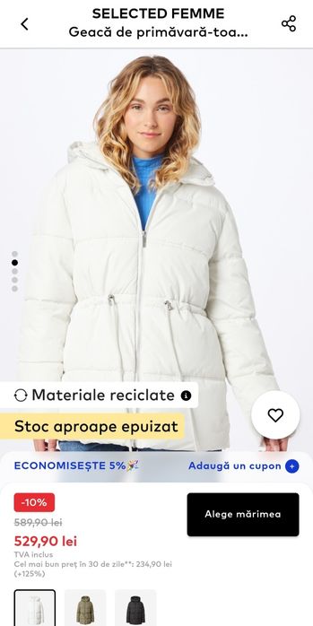 Geaca alba cu gluga, Selected femme, 36, S