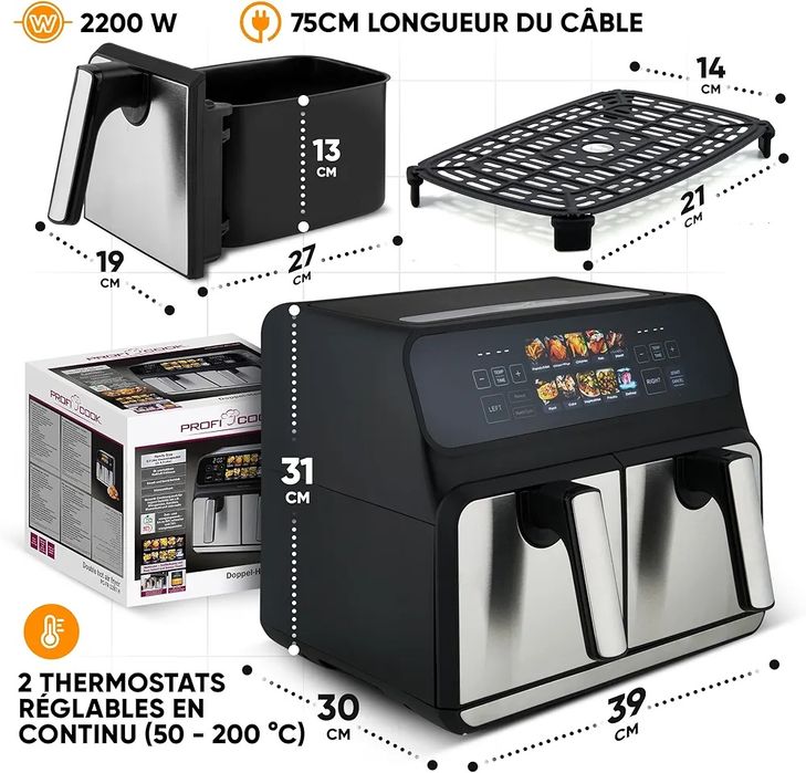 Ног двоен фритюрник с горещ въздух/Air Fryer  ProfiCook 8 литра