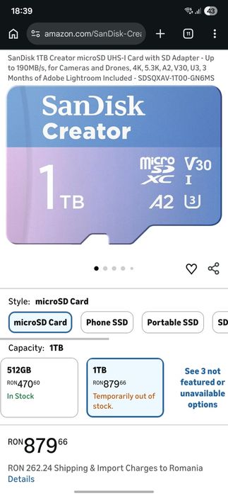 Card mocro SD sandisk creatir ultra speed A2 V30 1 tb