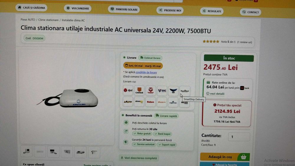 Clima stationara utilaje industriale AC universala 24V, 2200W, 7500BTU