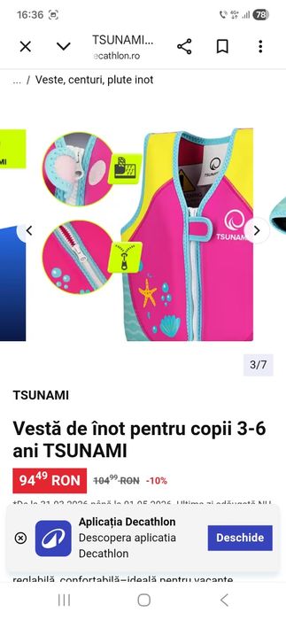 Vestă de înot pentru copii 3-6 ani TSUNAMI 19-30 Kg. Noua