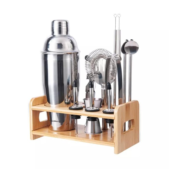 Set barman pentru bauturi si cocktail-uri, shaker, 15 piese, argintiu,