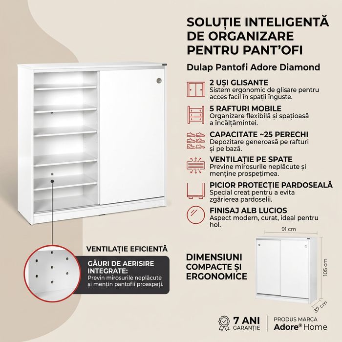 Dulap Pantofi Adore Diamond, 2 usi glisante, 5 rafturi, Alb, 91x105x37 cm - Alb