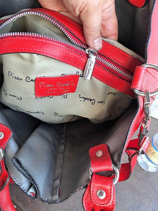 дамска чанта Pierre Cardin,голяма червена-естествена кожа